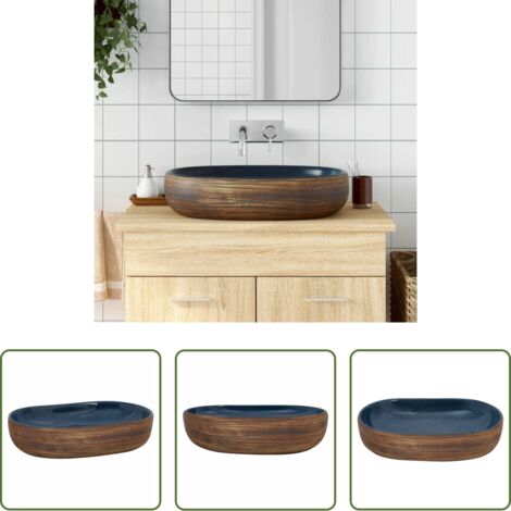 Cerámica -  Lavabo sobre encimera ovalado cerámica marrón y azul 59x40x14cm
