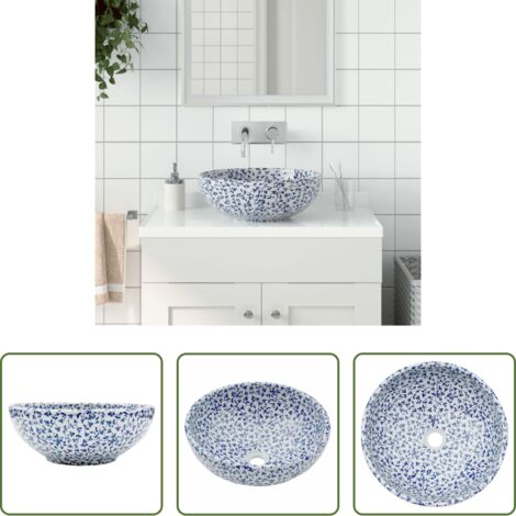 Cerámica -  Lavabo sobre encimera redondo cerámica blanco y azul Φ41x14 cm