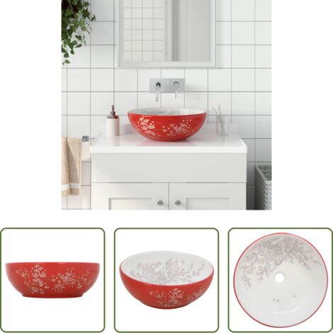 Cerámica -  Lavabo sobre encimera redondo cerámica blanco y rojo Φ41x14 cm