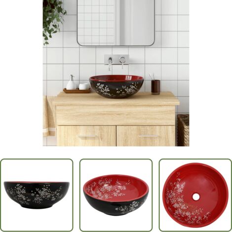Cerámica -  Lavabo sobre encimera redondo cerámica rojo y negro Φ41x14 cm