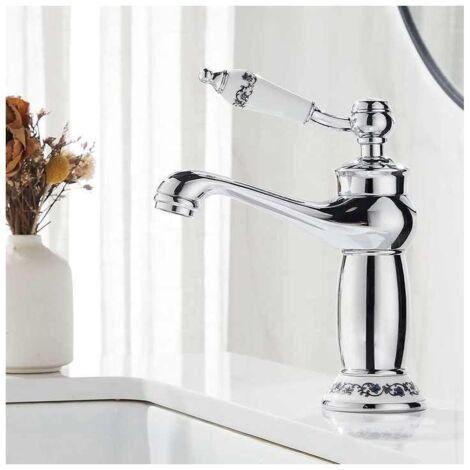 Céramique Antique En Laiton Robinet De La Salle De Bains Évier Robinet Bleu Et Blanc En Porcelaine À Long Cou Vintage Robinet De Lavabo Mitigeur Cuisine Robinet D'eau Froide/Chaude De Robinet Argenté