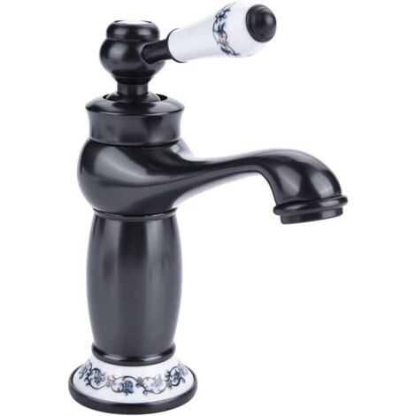 Céramique Antique en Laiton Robinet De La Salle De Bains Évier Robinet Bleu Et Blanc en Porcelaine À Long Cou Vintage Robinet De Lavabo Mitigeur Cuisine Robinet d'eau Froide/Chaude De Robinet(Noir)