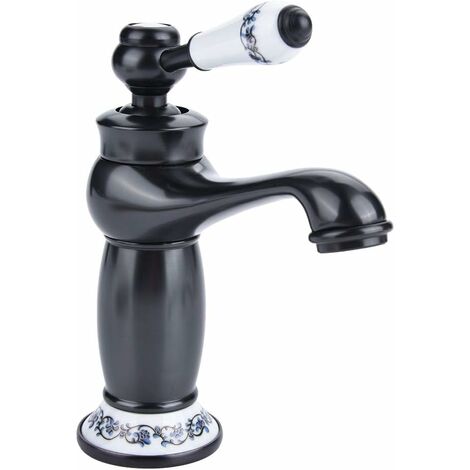 Céramique Antique Laiton Robinet Lavabo De La Salle De Bains Robinet Bleu Et Blanc en Porcelaine À Long Cou Vintage Robinet Mitigeur Évier Cuisine Cuisine Robinet d'eau Froide/Chaude(Noir)