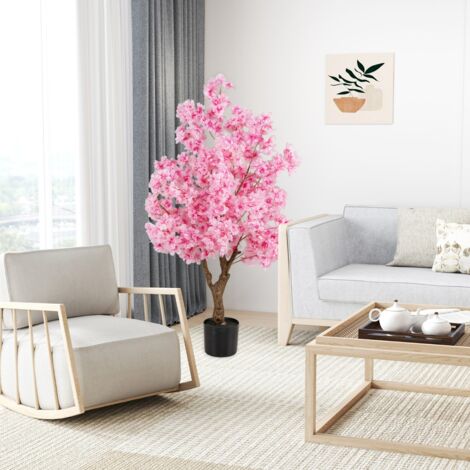 Cerisier Artificiel de 120 cm Faux Arbre à Fleurs Roses Tronc en Polyéthylène Multi-branches et Base en Ciment Fleurs Plantées Rose