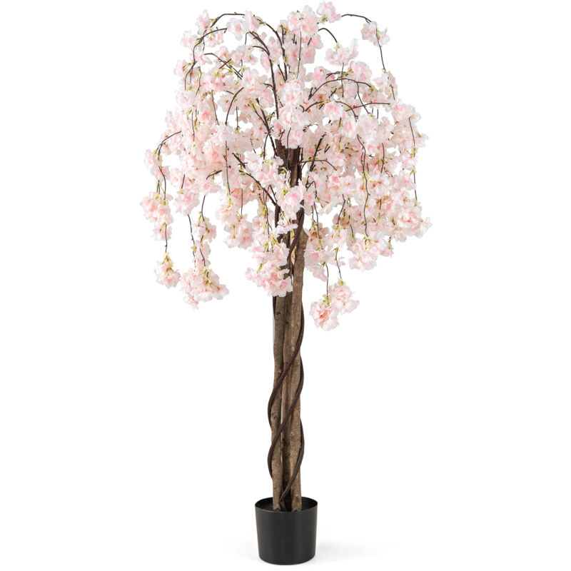 Costway – Cerisier artificiel 163 cm – Fleurs roses et blanches – Tronc en bois véritable – Pot stable avec ciment – Décoration intérieure extérieure