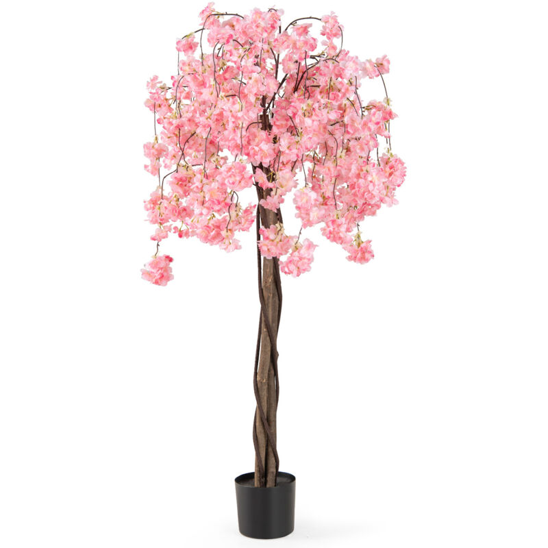 Costway – Cerisier artificiel 163 cm – Fleurs roses et blanches – Tronc en bois véritable – Pot stable avec ciment – Décoration intérieure extérieure