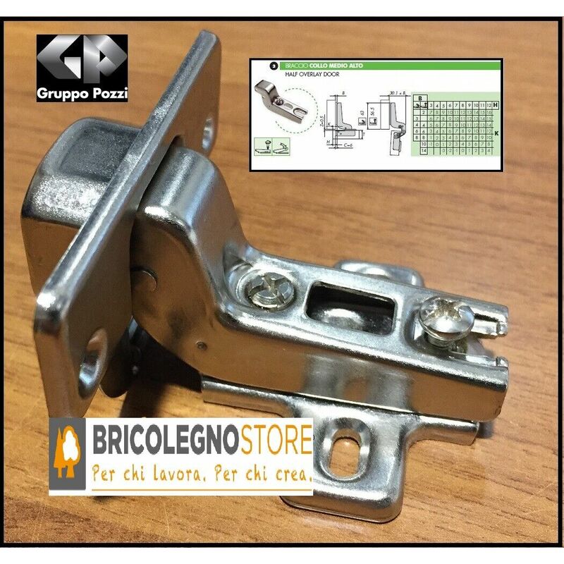 Image of Bricolegnostore - Cerniera x mobili armadio 110° box 40 c/basetta collo basso-medio-alto-altissimo dimensione disponibile: collo alto
