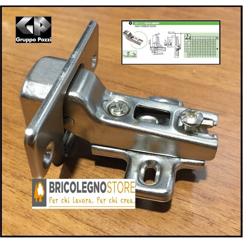 Image of Bricolegnostore - Cerniera x mobili armadio 110° box 40 c/basetta collo basso-medio-alto-altissimo dimensione disponibile: collo medio