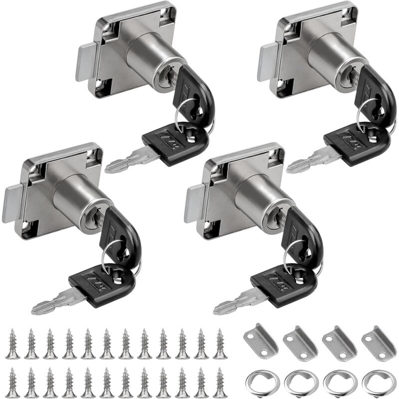 Cerradura de cajón de 22 mm para oficina, armario y alacena (4 unidades, con llave, acero inoxidable) para muebles y taquillas.
