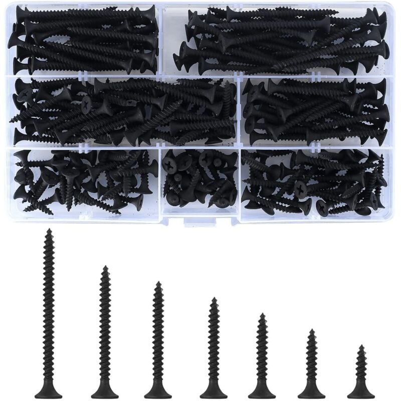 220 tornillos autorroscantes para madera, tornillos de cabeza plana Phillips negros, tornillos metálicos para muebles de yeso - M3.5