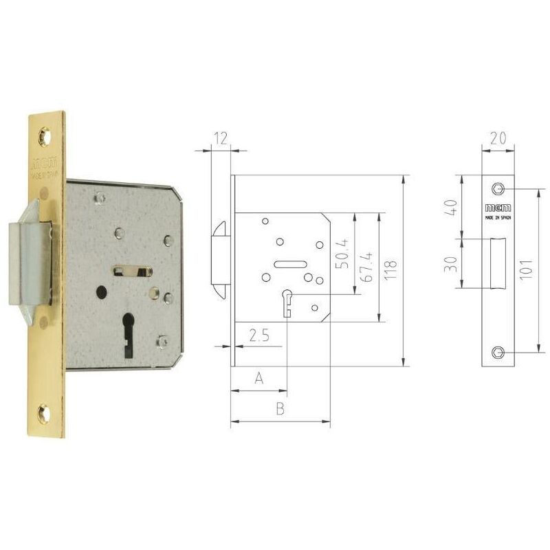 

mcm cerradura embutir madera 1515-2-35 35 canto recto latonado - Mibricotienda