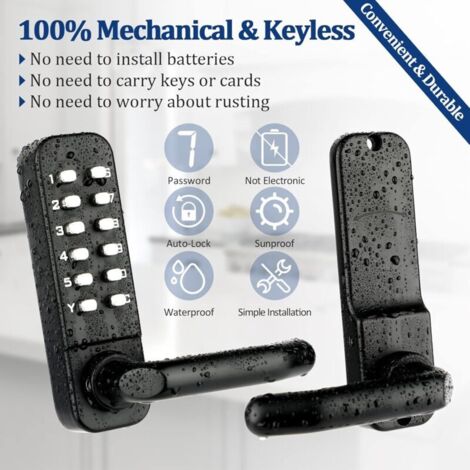 Cerradura mecánica sin llave (negra) - Teclado impermeable de acero inoxidable 304, para puertas de 35 a 65 mm de espesor con manilla ajustable.