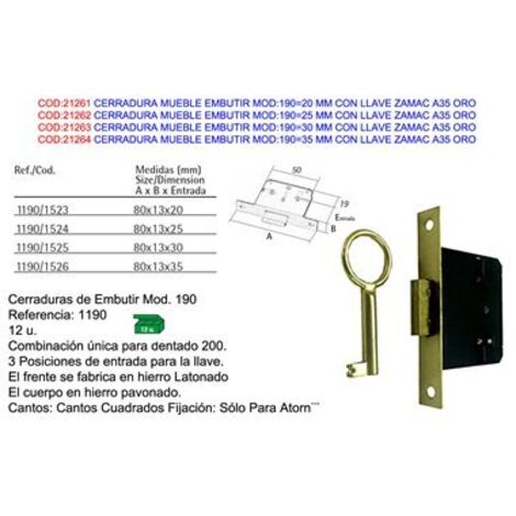 cerradura mueble embutir mod 190 25 mm con llave zamac a35 oro