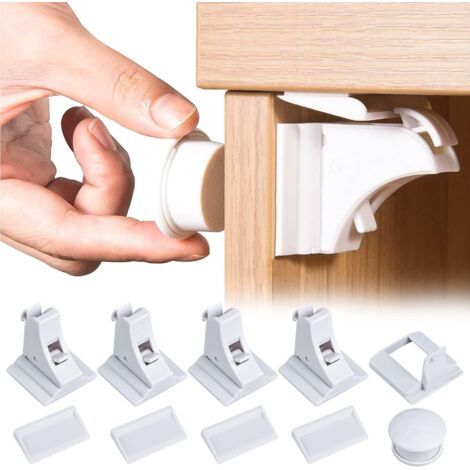 Cerradura para cajón de bebé - Seguridad infantil - Cerradura para armario - 4 cerraduras + 1 llave autoadhesiva - Cerradura invisible para armarios y cajones