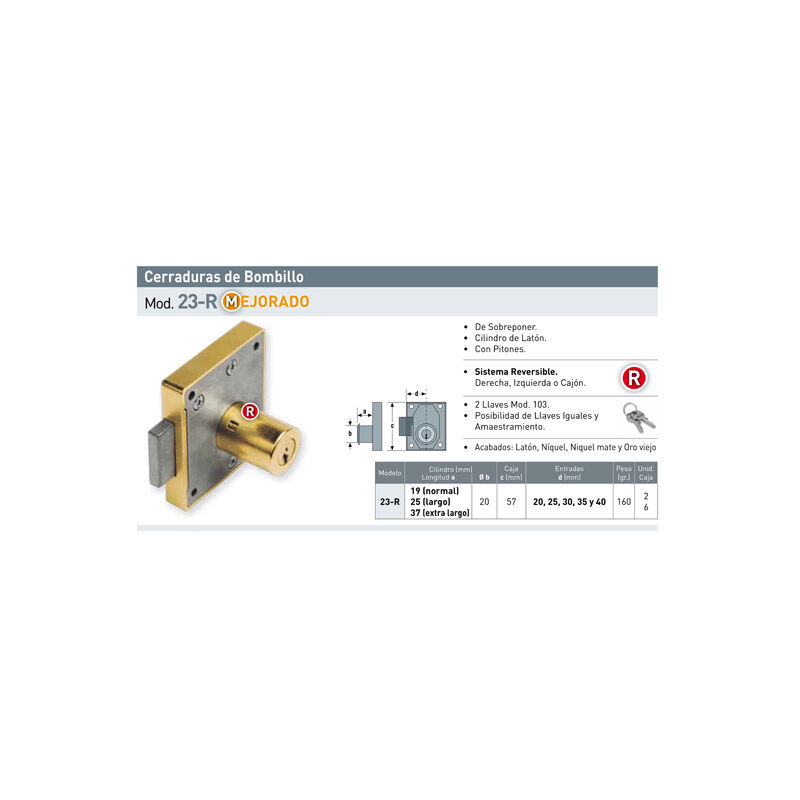 

Cerradura sobreponer mueble bombillo 19 mm 23Ry25 MM NIQUEL MATE - Urko