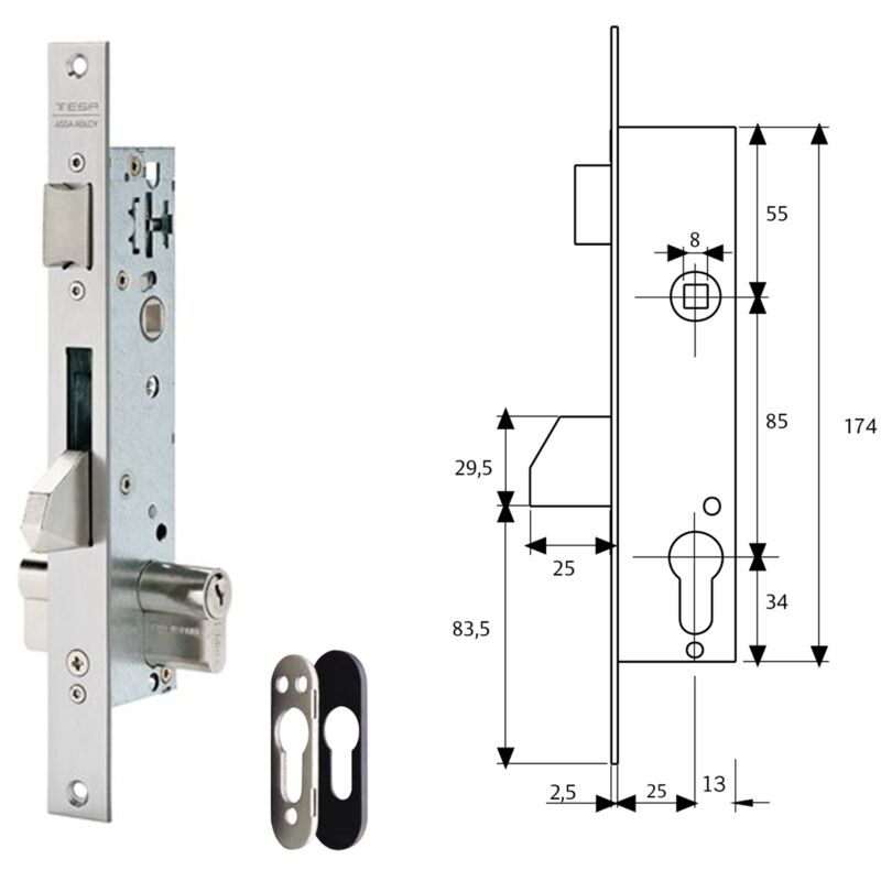 

Cerradura tesa 2210/25/3ni con escudo de seguridad e190 con sistema antipalanqueta