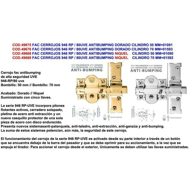 

fac cerrojos 946 rp - 80uve antibumping dorado cilind.70mm 01593 - Mibricotienda