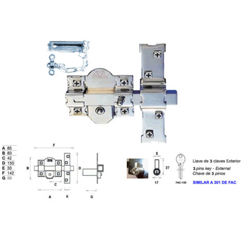 Cerrojo AVL 301-R-80 europerfil 50mm con cadena llave/botón 3 llaves