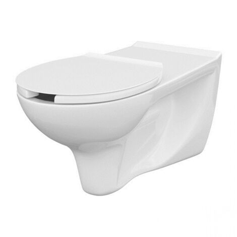 Cersanit – Cuvette suspendue rallongée PMR sans bride – Céramique avec technologie CleanOn – Abattant Duroplast antibactérien – Rinçage 3/5 litres