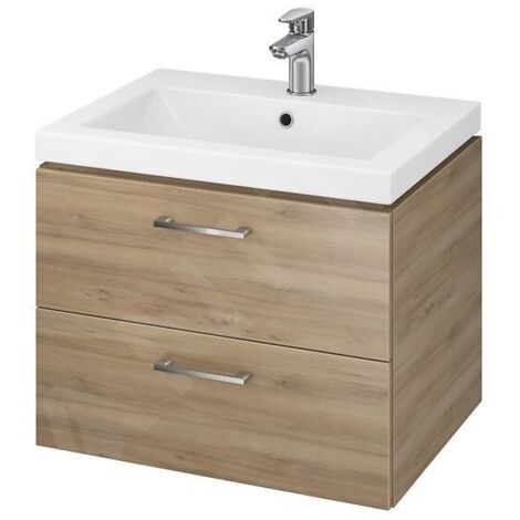 Cersanit – Meuble double vasque 45x59x45 cm – Lavabo céramique avec 2 tiroirs – Installation murale – Noyer – S801148DSM