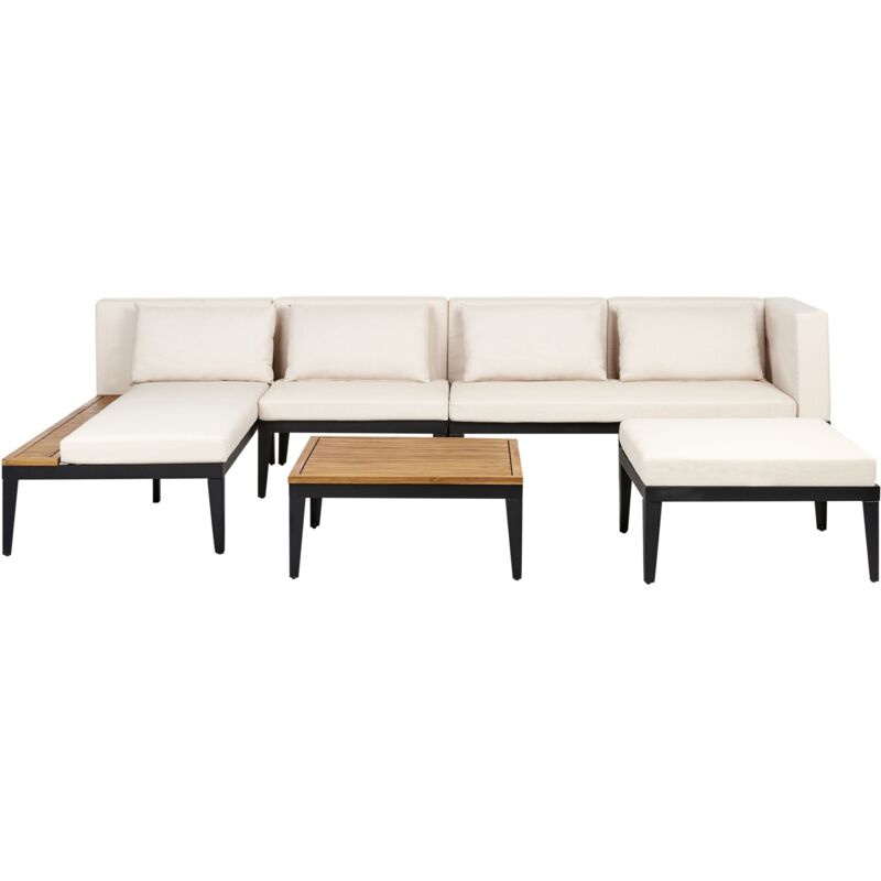 Beliani Right Hand Acacia Wood 4 Seater Garden Lounge Set Corner Sofa With Ottoman And Coffee Table Light Beige Cushions
