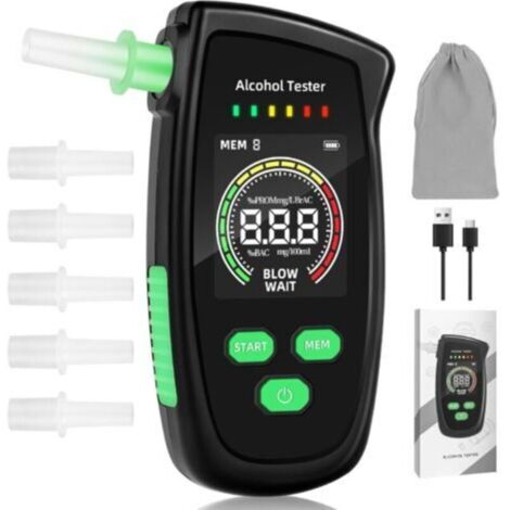 Certified portable, rechargeable alcohol tester with screen, 5 mouthpieces, high-precision measurement for personal home testing (black)