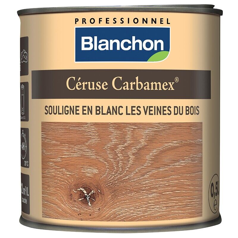 Céruse Carbamex®, souligne en blanc les veines du bois, pot de 0,5l Blanchon