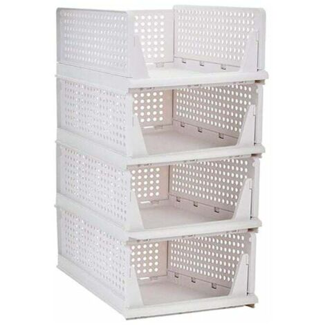 Cesta apilable para guardar ropa, organizador deslizante para cajón de armario, separador y contenedor de escritorio para armario (blanco, paquete de 4)