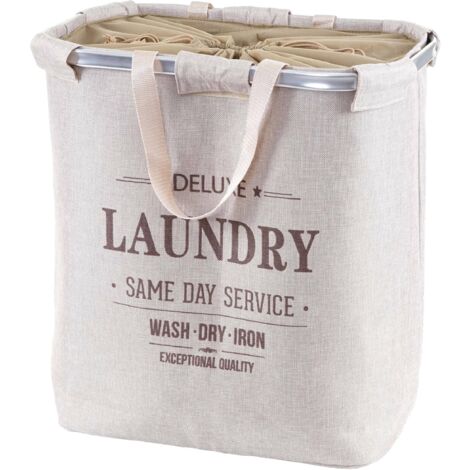 Cesta borsa portabiancheria HHG-804 tessuto, Laundry 2 scomparti maniglie 89l beige