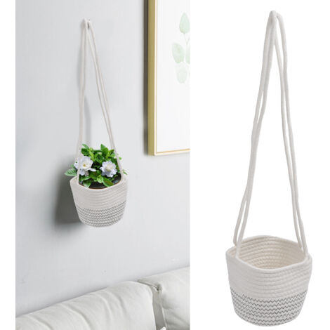Cesta colgante de algodón y yute – Soporte resistente para plantas, cesta decorativa para el hogar – Diámetro 19 cm, Altura 17 cm, color blanco