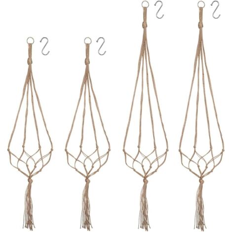 Cesta colgante de macramé, juego de 4, estilo bohemio, de cuerda de cáñamo, para colgar plantas, para decoración de interiores, exteriores, techos y balcones.