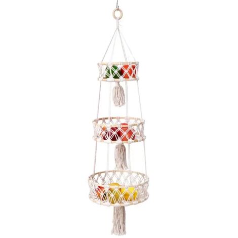 Cesta colgante de tres niveles, cesta para frutas y verduras, cestas de cuerda de algodón tejidas para la cocina, soporte colgante decorativo bohemio para plantas