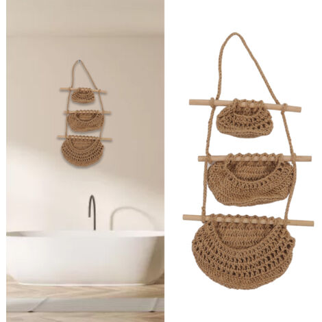 Cesta colgante de tres niveles para pared, hecha de cuerda de cáñamo y madera, para almacenamiento y decoración – caja de frutas, 379 g, ecológica, producto artesanal.