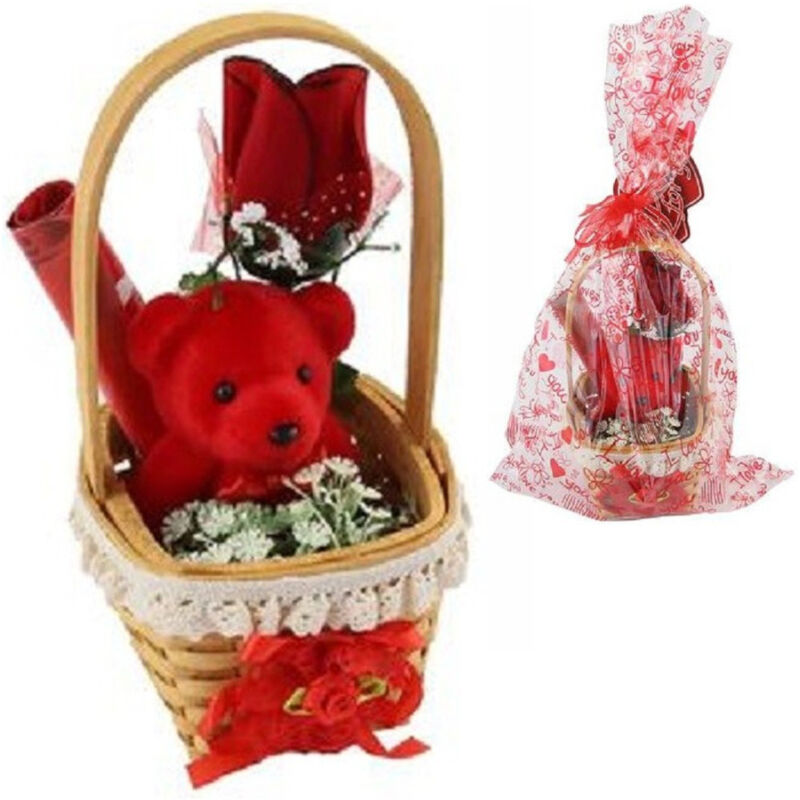 Trade Shop Traesio - Trade Shop - korb mit plüsch roten teddybär geschenkidee valentinstag blumen paket 63294 -