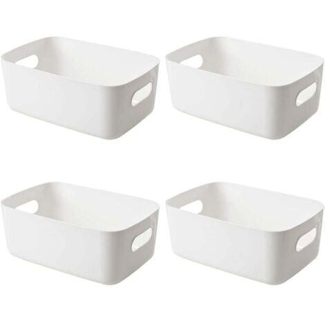 Cesta de almacenamiento de plástico KZQ, 4 unidades, duradera y resistente, con asas en ambos lados, ideal para cocina, baño, habitación infantil y armario (blanco)