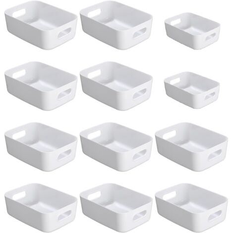 Cesta de almacenamiento de plástico, paquete de 12 cestas apilables con asas para cocina, armario y oficina (blancas)
