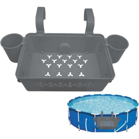 Cesta de almacenamiento para piscina, cesta para piscina elevada con portavasos, cesta de almacenamiento para piscina reforzada, gris