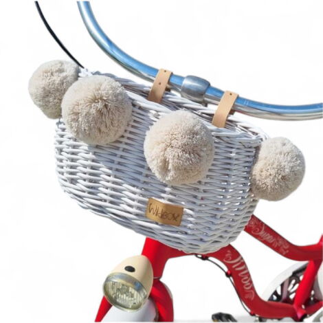 Cesta de bicicleta infantil de mimbre blanco con pompones