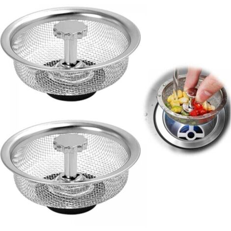 Cesta de colador de fregadero de acero inoxidable, 2 piezas, colador de fregadero de acero inoxidable, desagüe de cocina, desagüe de ducha, altura ajustable, tapón de goma, plata