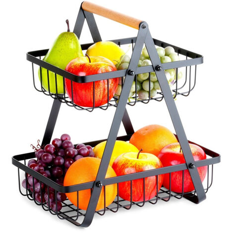 Cesta de dos niveles para frutas y verduras, bandeja de metal negra, cesta