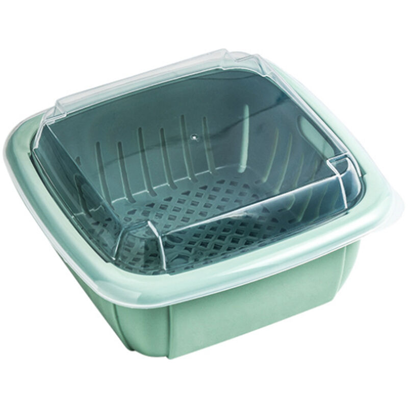 

Cesta de drenaje multifuncional Cocina Colador de verduras de doble capa Caja de almacenamiento de frutas con tapa transparente,Verde