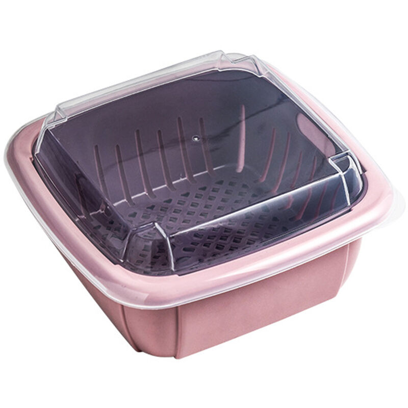 

Cesta de drenaje multifuncional Cocina Colador de verduras de doble capa Caja de almacenamiento de frutas con tapa transparente, Rosa