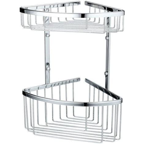Cesta de ducha o bañera ACO doble. Diseño de esquina para aprovechar el máximo espacio. Cestas de gran capacidad para poner botes de gel, champú... Fabricada en latón Kibath