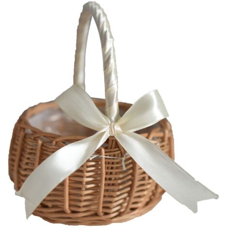 Cesta de flores de estilo rústico - mimbre - decoración DIY con cinta blanca/rosa para decoración de mesas y eventos (15x15x19cm)