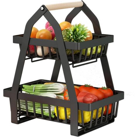 Cesta de frutas de 2 niveles, cesta de frutas de acero desmontable, organizador de verduras, para verduras, pan y aperitivos, almacenamiento de cocina que ahorra espacio