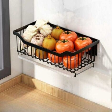 Cesta de frutas de acero inoxidable - Escurridor de verduras de cocina - 34 cm - Desmontable y lavable - Montaje en pared - Negro