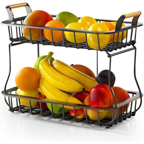 Cesta de frutas de dos niveles, cesta de metal para almacenar y organizar frutas y verduras, manteniendo las frutas y verduras frescas, adecuada para la cocina o la sala de estar.
