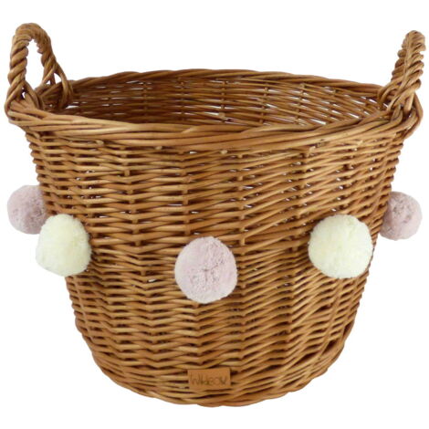 Cesta de juguetes redonda con orejas naturales y pompones.