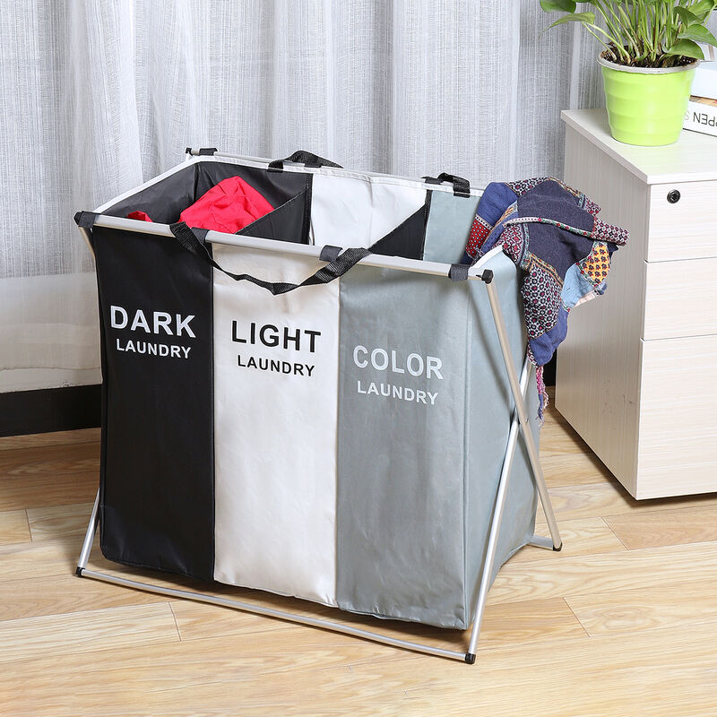 

Cesta de lavandería de 3 rejillas Bolsa de basura Lavado de ropa Lavado plegable Negro + Blanco + Gris