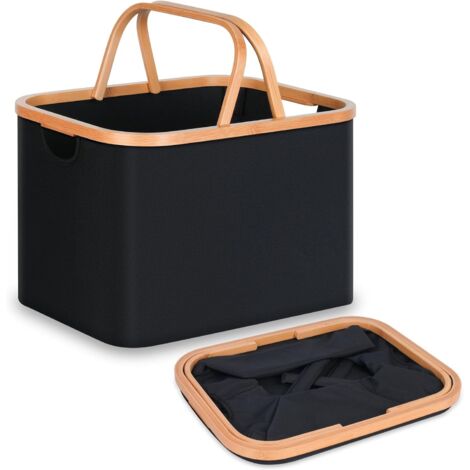 Cesta de lavandería plegable de 43 L, de tela de bambú, ideal para dormitorio y baño (negra, con asa plegable)